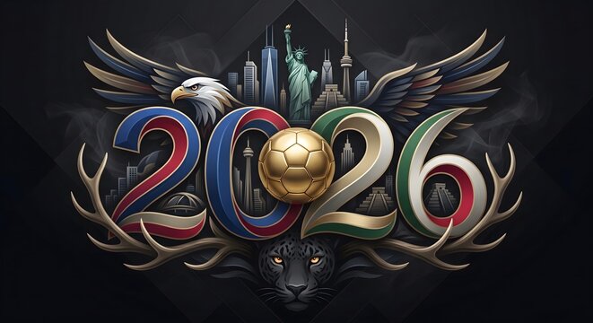 Fifa world cup 2026 logo with soccer ball wings and cityscape on dark background