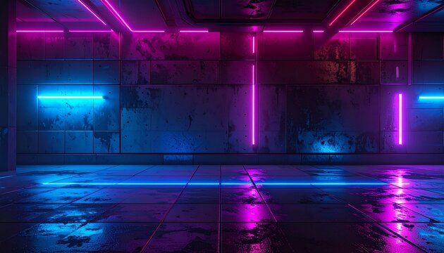 Neon lights illuminate empty room interior