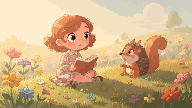 Little girl reading with friendly squirrel.