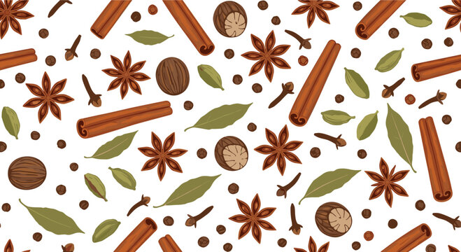 Seamless background pattern of various aromatic spices including cinnamon sticks, star anise, cardamom, and bay leaves on white.
