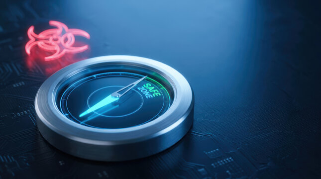Futuristic cybersecurity strategy uses ai technology to navigate digital threats and guide systems toward safe zone with confidence and precision