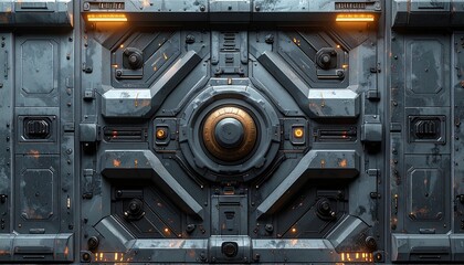 Fototapeta premium A close-up view of a futuristic metallic door with orange lights