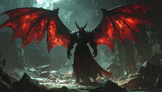 Dark Horned Demon Standing with Glowing Red Wings in Ruined Cavern