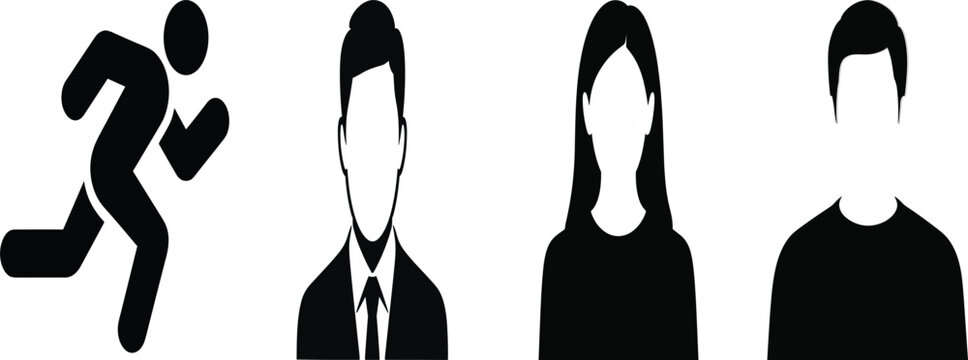 Black Silhouette Running Man, Businessman, and Businesswoman Icon Set on White Background Minimal Flat Style Vector Illustration for People and Corporate Designs
