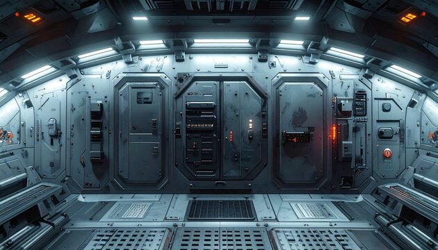 Spacecraft interior shows control panels and doors