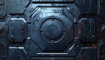 Fototapeta premium A futuristic metallic door with a circular panel is set in a dark industrial background