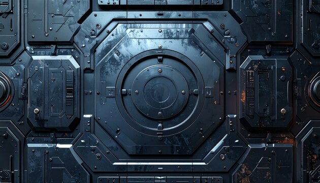 A futuristic metallic door with a circular panel is set in a dark industrial background
