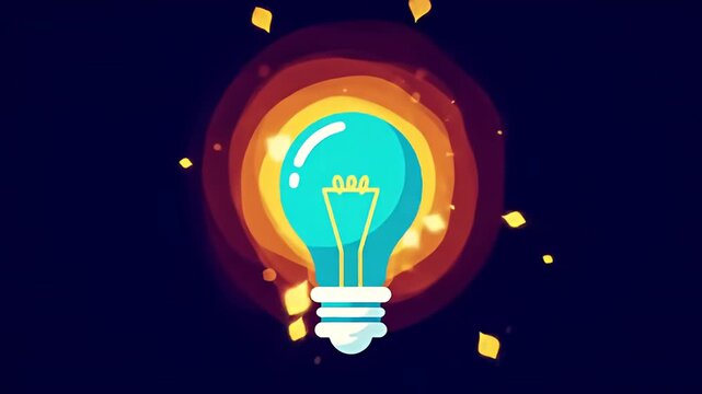 Stylized turquoise lightbulb with orange glow on dark background