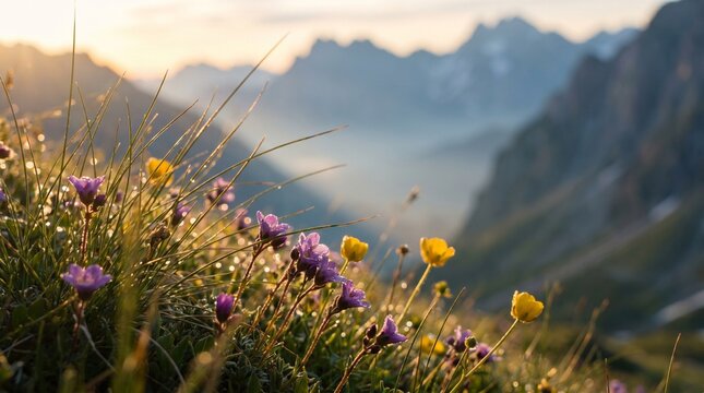 Mountain wildflowers swaying in morning breeze with misty valley bokeh