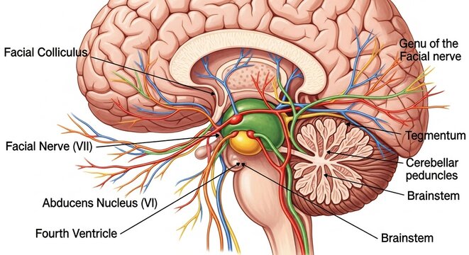 Detailed sagittal view of the human brainstem and cerebellum with cranial nerves labeled.