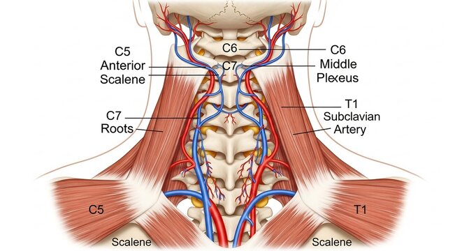 Anatomical Illustration of the Human Neck Showing Scalene Muscles and Brachial Plexus.