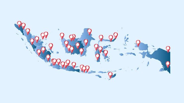 Animation of a blue Indonesia map illustration with multiple red location pin pointers popping up across various islands and provinces on a light blue background.