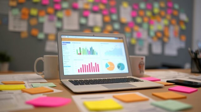 Open laptop displaying colorful bar charts and pie charts with sticky notes scattered on a desk and blurred sticky notes on wall in modern office workspace