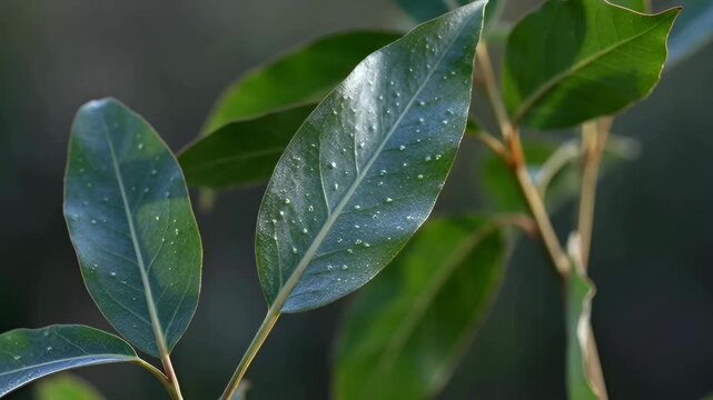 Close-up of green leaves with small white bumps, possibly galls or insect eggs, on a blurred natural background.