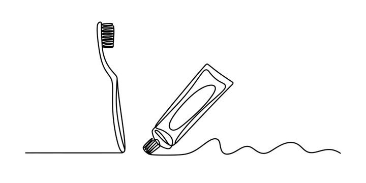 Continuous single line drawing of a toothbrush and a tube of toothpaste for daily oral dental hygiene and fresh morning routine for clean teeth and healthy smile Vector, illustration