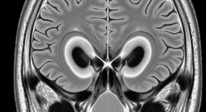 Coronal MRI Scan of the Human Brain Showing Ventricles and Cortex.