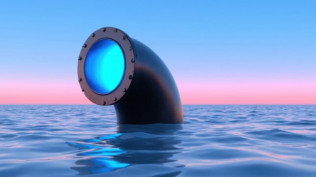 Glowing Blue Periscope Pipe Structure Emerging from Calm Blue Sea Waters