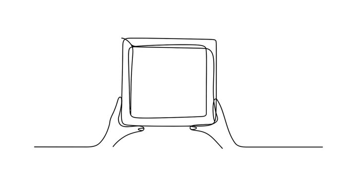 Continuous single line drawing of human hands holding a blank square picture frame for display purposes in a simple artistic minimal style on a clean space Vector, illustration