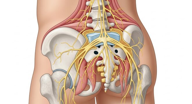 Detailed anatomical illustration of the human sacrum and sciatic nerve network.