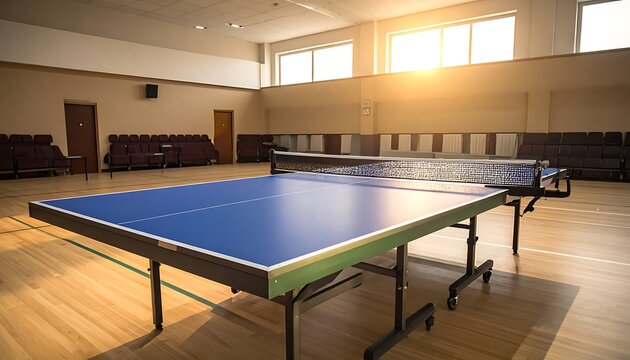 A blue ping pong table in a large empty indoor sports hall