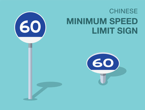 Traffic regulation rules. Isolated chinese "minimum speed limit" road sign. Front and top view. Flat vector illustration template.