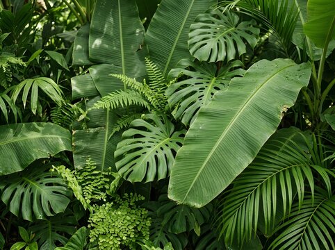 Lush tropical foliage with large green leaves and ferns in a humid jungle
