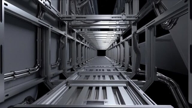 宇宙船の通路でチタン構造体とシアンのラインが構築される工業インフラ背景