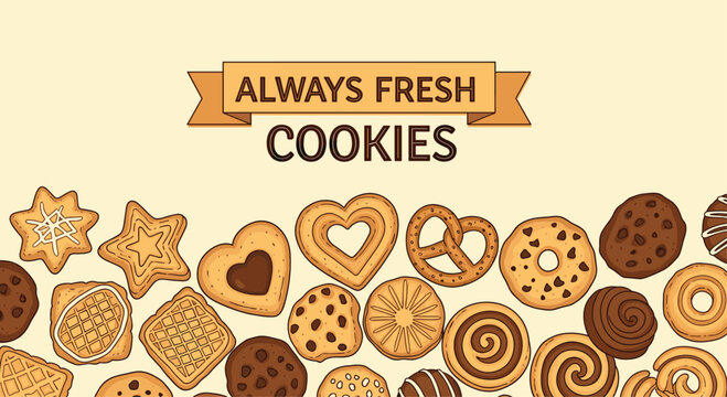 Delightful border featuring a large assortment of sweet baked cookies, biscuits, and pretzels in various shapes and flavors for treats.