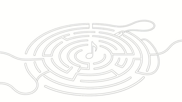 Minimalist monochrome line art circular vinyl-record-shaped maze constructed from earphone cable, with an eighth musical note at its center and three entry paths
