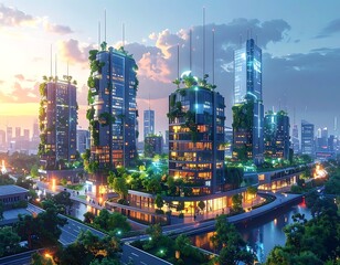Obraz premium A futuristic cityscape with sleek skyscrapers and lush greenery (2)