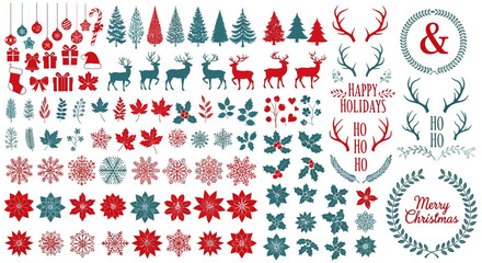 Extensive Christmas and Winter Holiday Vector Icon Collection with Festive Elements, Deer, Snowflakes, and Wreaths in Red and Teal Tones © john
