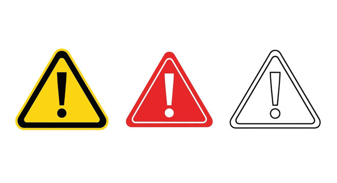 Set of warning signs with exclamation marks, conveying caution and attention in various styles yellow, red, and outline. Perfect for safety information