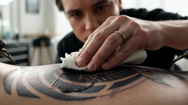 Tattoo Artist Wipes Ink from Client's Leg During Tattoo Session - Close-Up Shot
