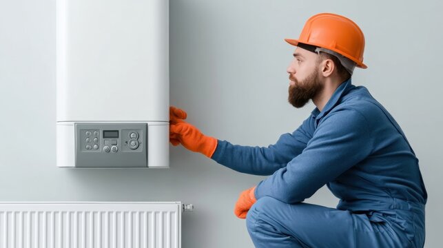 Technician in orange safety helmet and gloves inspecting modern white wall-mounted boiler heating system in residential interior setting with radiator