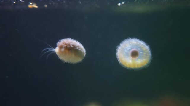 Aquatic miniature organism, microscopic marine creature with feathery tentacles swimming in dark water, showcasing natural buoyancy and underwater