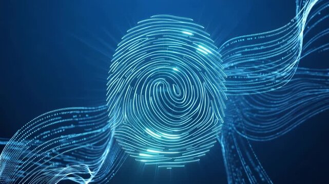 Single fingerprint scanning animation, glowing biometric lines and digital code streams, clean blue background, cybersecurity identification concept, 4K video