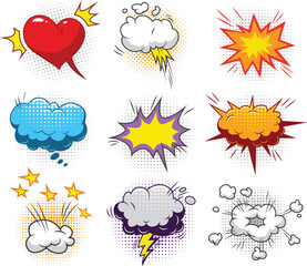 Pop art comic speech bubbles with explosion and heart elements vector © Buddhadeb
