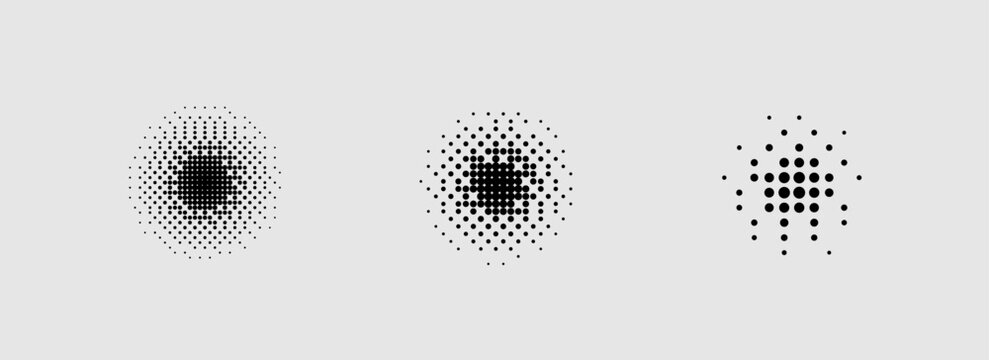 Vintage comic halftone shape set with textured gradient dots and abstract square patterns. Editable vector elements for posters, collages, branding, and graphic design projects.