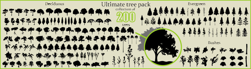 Fototapeta premium Collection of 200 Silhouetted Tree Illustrations for Diverse Design Needs
