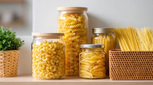 Pasta and macaroni with penne fusilli and spaghetti in glass jars on kitchen shelf