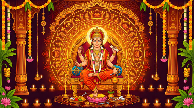 Goddess Lakshmi seated in traditional attire with offerings.