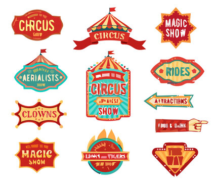 Collection of retro circus and carnival show signs, vintage entertainment emblems, and fairground attraction badges in a classic illustrative style