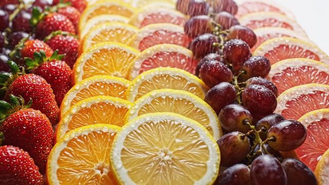 Beautifully Arranged Rows of Fresh Strawberries Orange Slices and Red Grapes on Platter