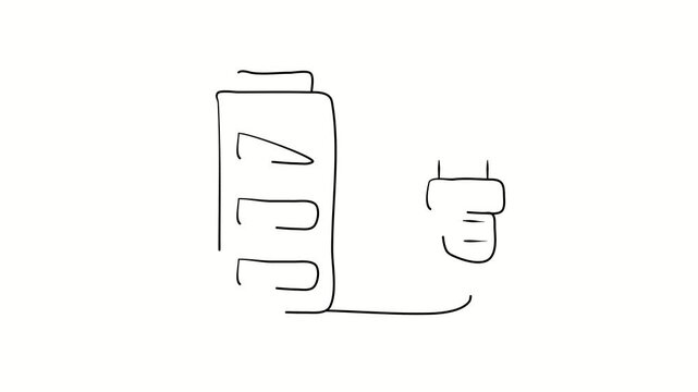 Power bank charging, storage device recharging. Contour drawing, silhouett animation. Continuous line. Isolated on white. Video 4k object illustration self-drawing. Object construction. Minimalist con