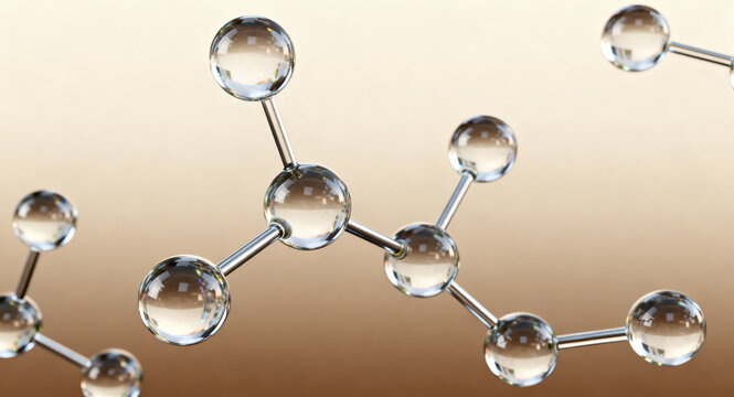 Abstract molecular structure with interconnected translucent spheres representing atoms linked by metallic rods, set against a warm, gradient background