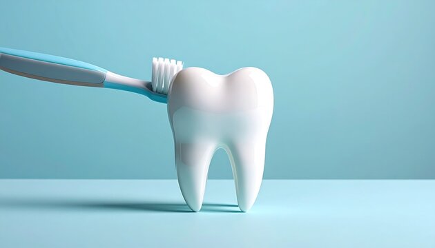 White Tooth Being Brushed with Toothbrush on Minimal Blue Background