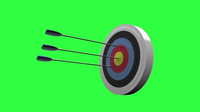 Three arrows hitting the center of a target board on a green screen background. Concept of success, goal achievement, and accuracy