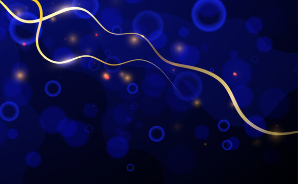 Abstract blue background with glowing bubbles and bright bokeh lights in a dark sparkling space