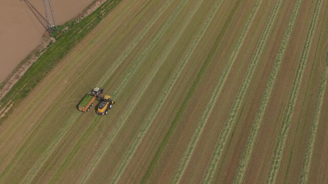 Forage harvester unloading into moving trailer drone view.