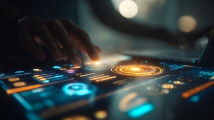 Obraz premium Futuristic Touch Interactive Holographic Control Panel Scene.